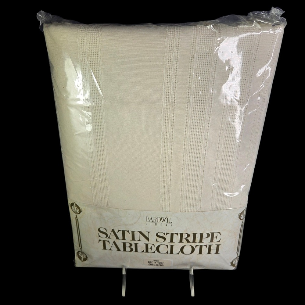Bardwil Ivory Tablecloth 60 x 120 Oblong Polyester Satin Stripe Textured New